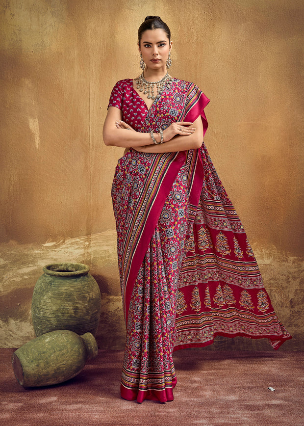 Beet Red Printed Satin Silk Saree