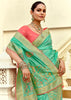 Aqua Green Woven Banarasi Designer Silk Saree With Contrast Blouse