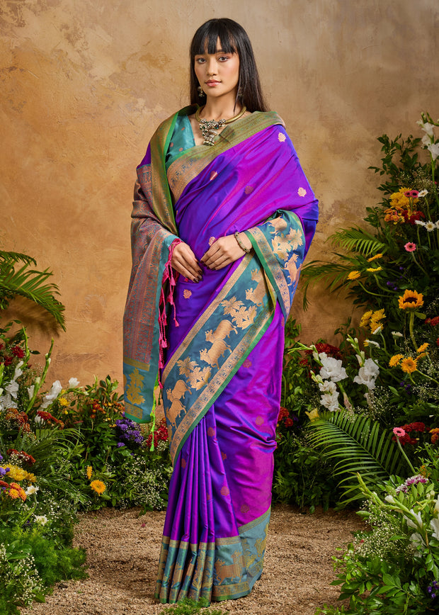 Bright Purple Woven Banarasi Silk Saree