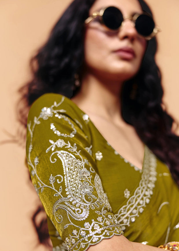 Olive Green Embroidered Designer Tissue Saree