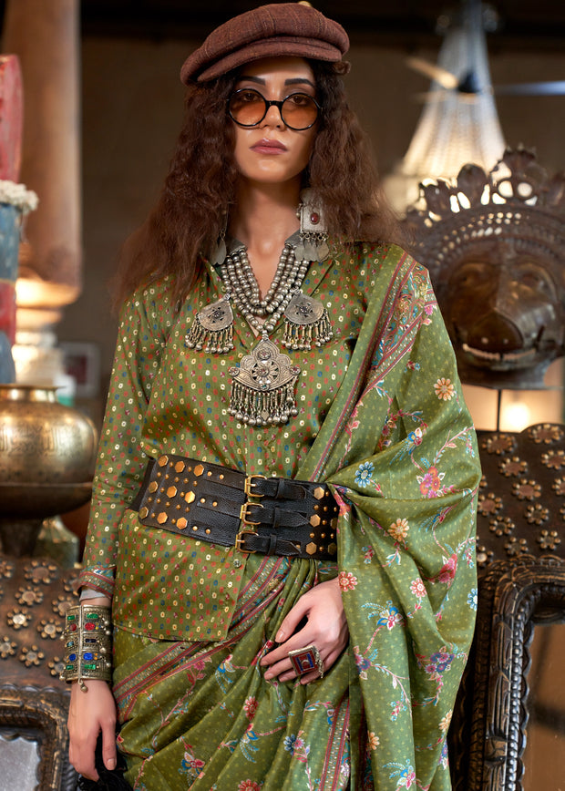 Mehndi Green Printed Soft Silk Saree