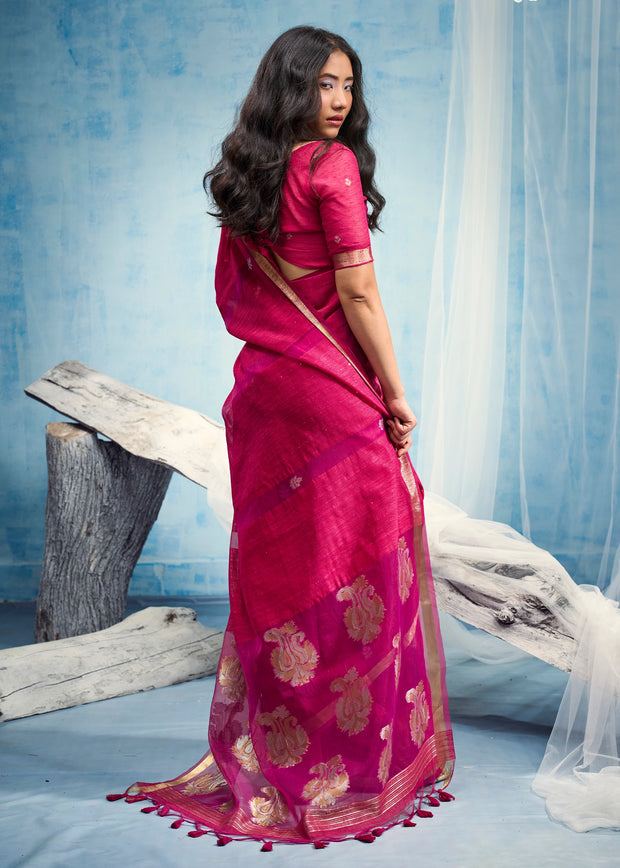 Magenta Pink Woven Cotton Silk Saree