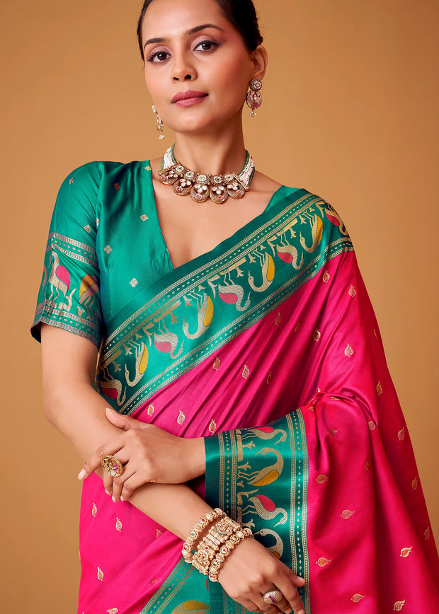 Raspberry Pink Woven Banarasi Silk Saree