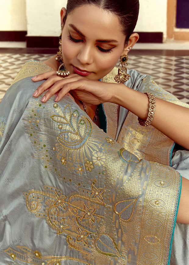 Sterling Grey Woven Banarasi Designer Silk Saree With Contrast Blouse