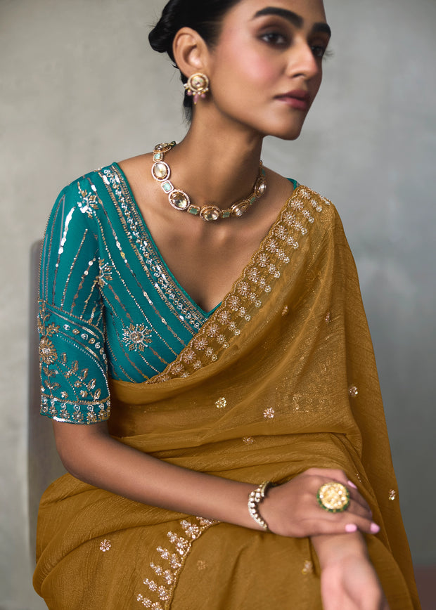 Mustard Yellow Embroidered Silk Saree With Heavy Blouese