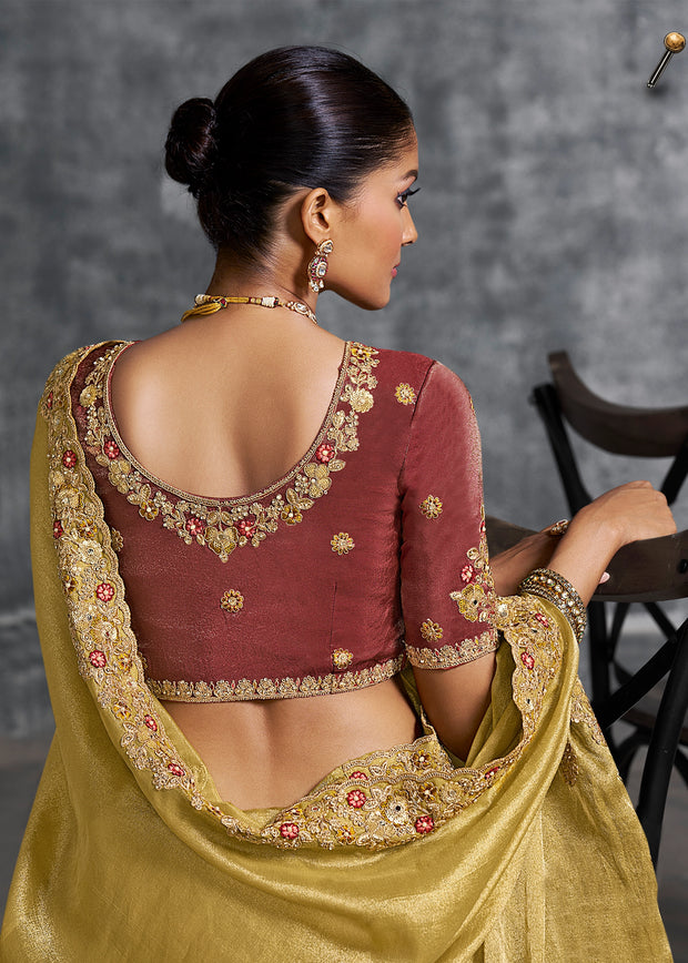 Mustard Yellow Embroidered Tissue Silk Saree