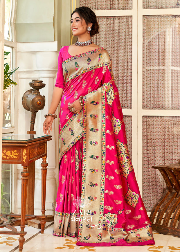 Suhani pink Banarasi silk saree with individually woven Kadwa buta motifs