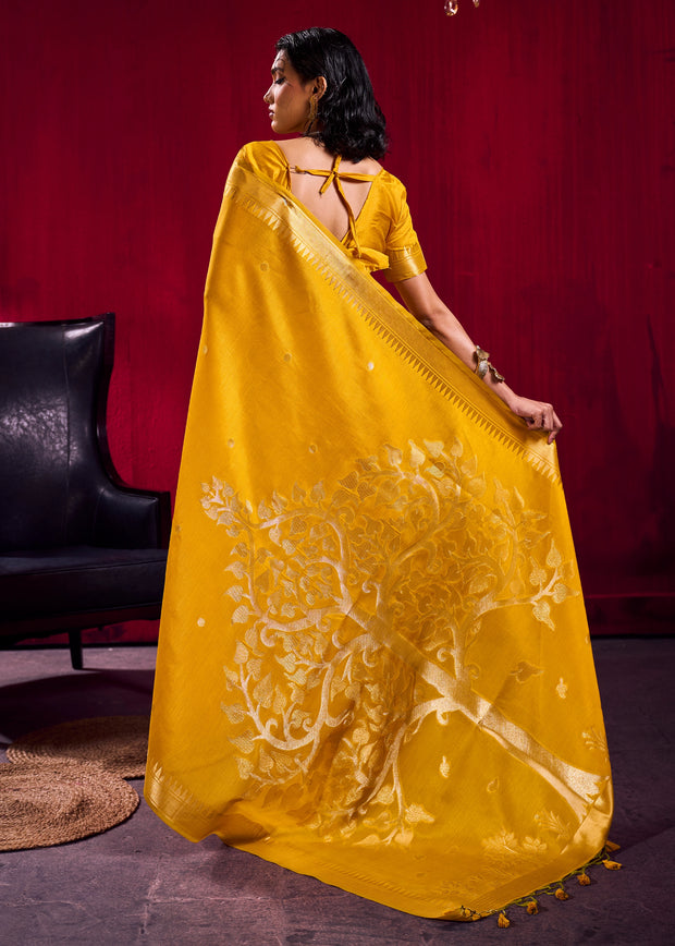 Daffodil Yellow Banarasi Satin Linen Silk Saree
