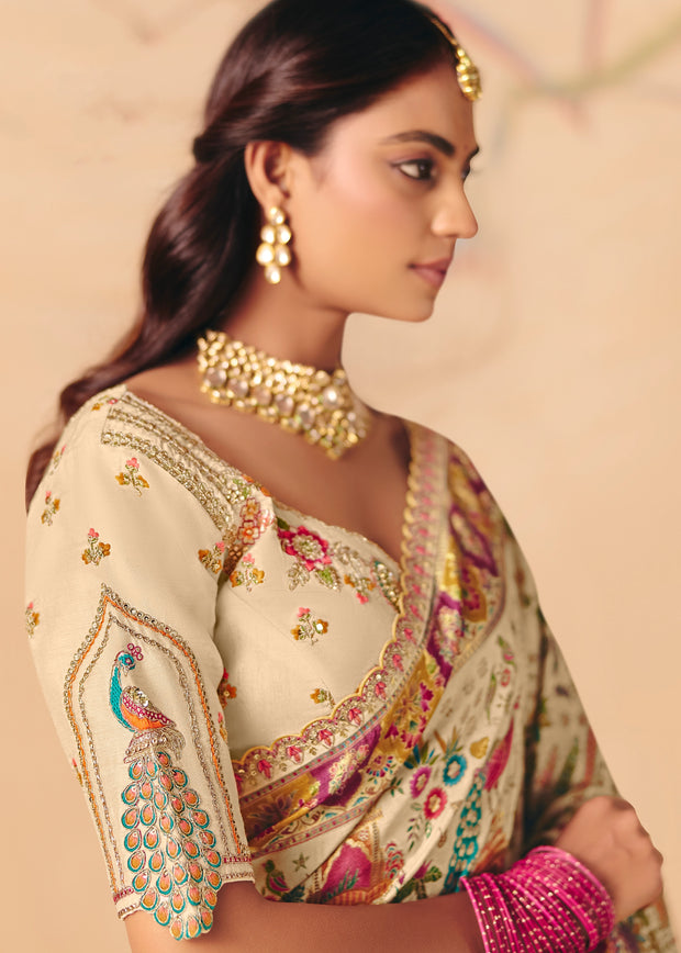 Cream White Designer Embroidered Saree