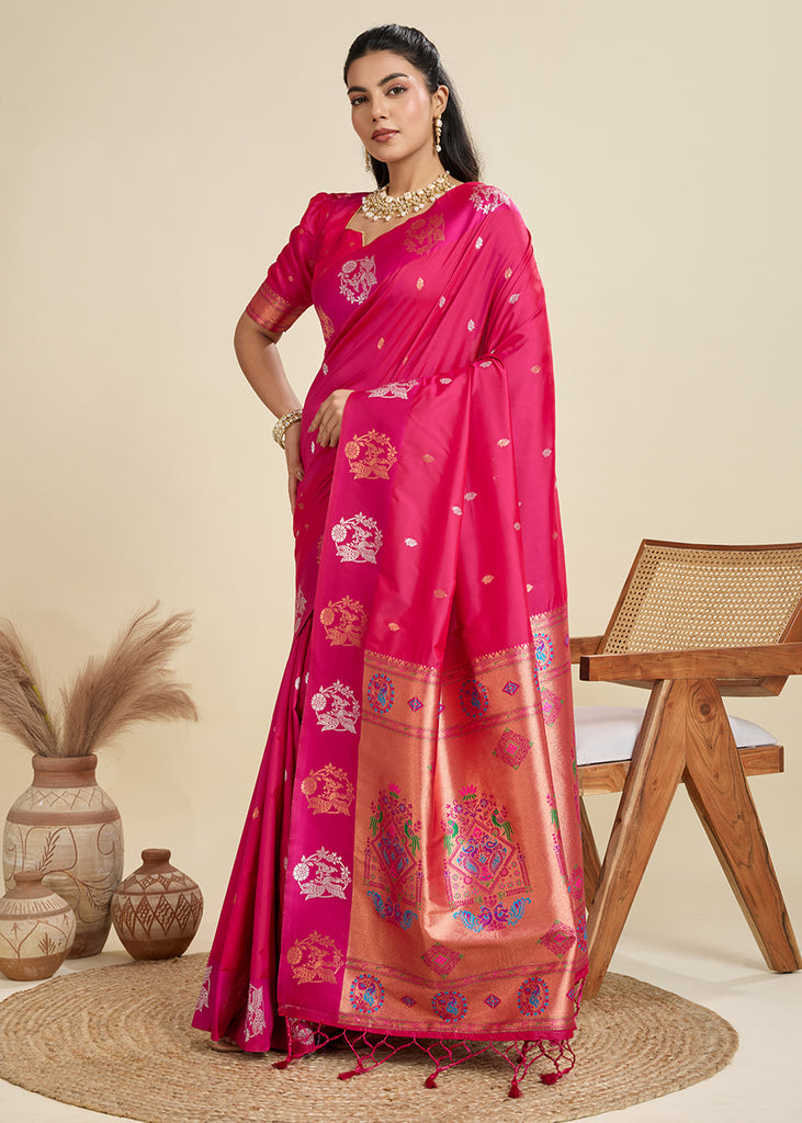 Delight Pink Woven Bronze Zari Paithani Silk Saree