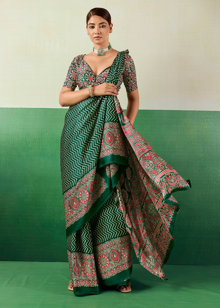 Hunter Green Printed Satin Silk Saree