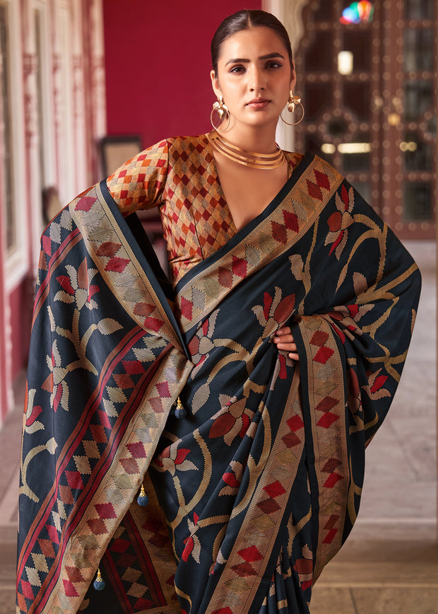 Deep Blue Floral Printed Soft Silk Saree