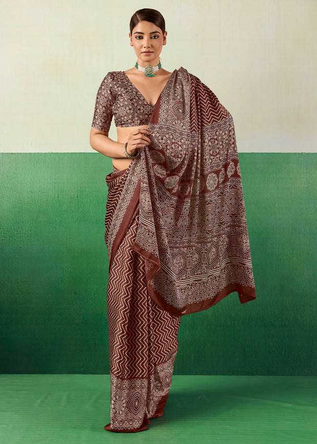 Coffee Brown Printed Satin Silk Saree