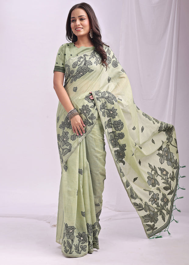 Pistachio Green Woven Cotton Linen Silk Saree