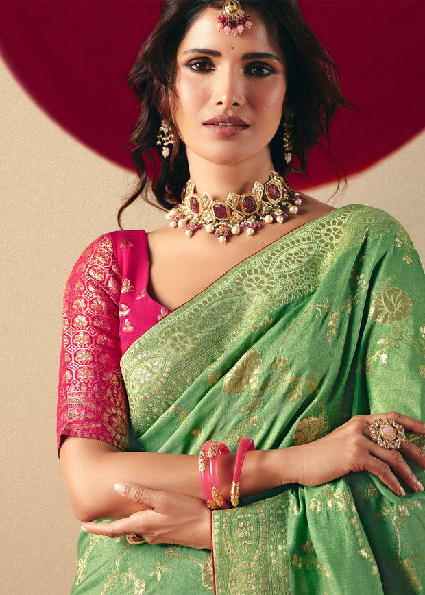 Pista Green Woven Banarasi Silk Saree
