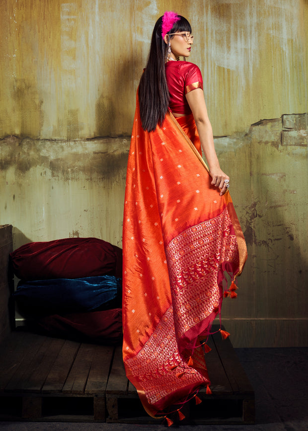 Sunset Orange Banarasi Tusser Silk Saree