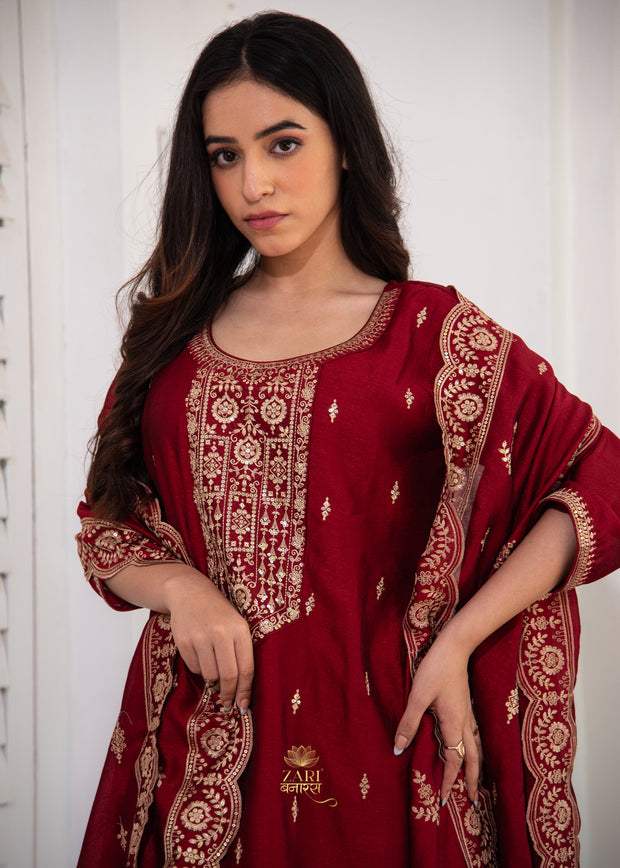 Deep Maroon Embroidered Silk Suit set (10702862385345)
