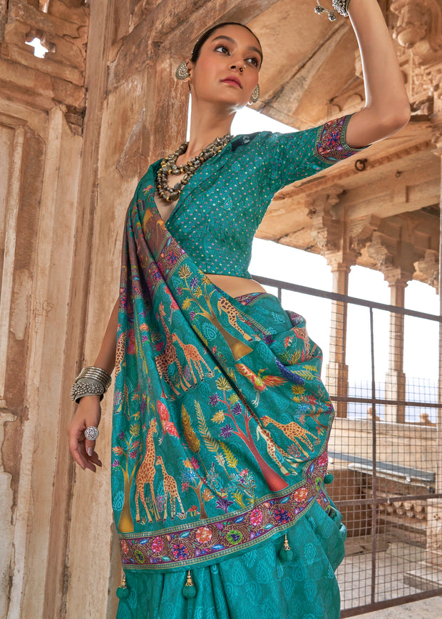 Rama Blue Printed Silk Saree