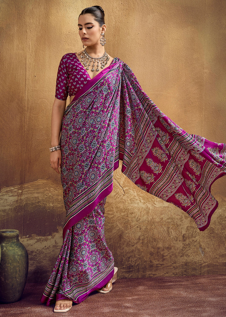 Magic Purple Printed Satin Silk Saree