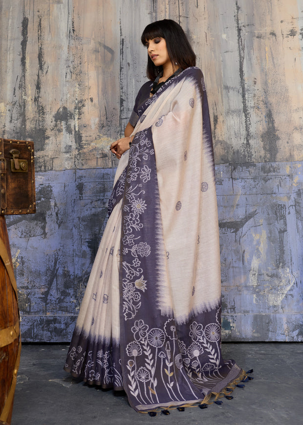 Midnight Blue Printed Cotton Silk Saree