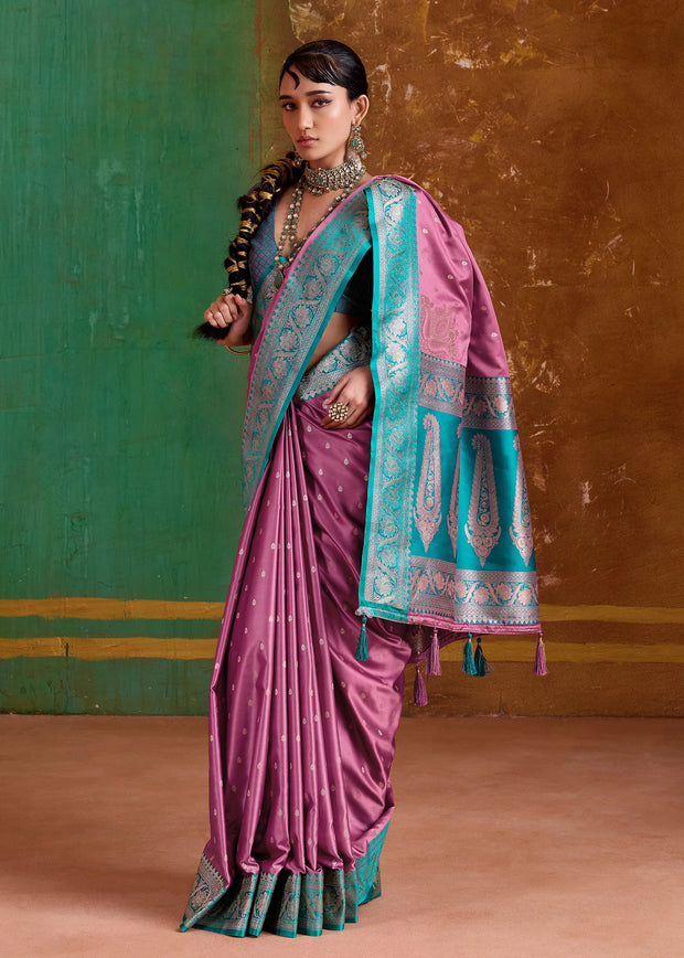 Lilac Pink Banarasi Satin Silk Saree