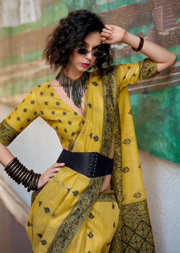 Aurora Yellow Woven Tissue Linen Silk Saree