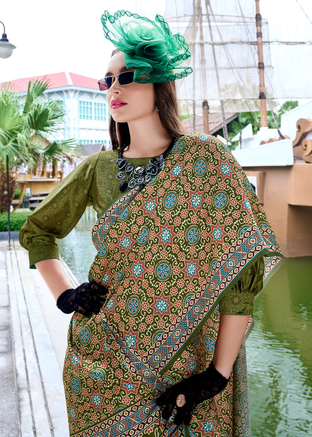 Shale Green Satin Crepe Digital Printed Saga Saree With Contrast Blouse