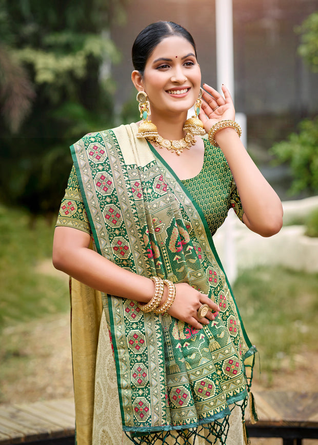 Beige Green Woven Banarasi Silk Saree