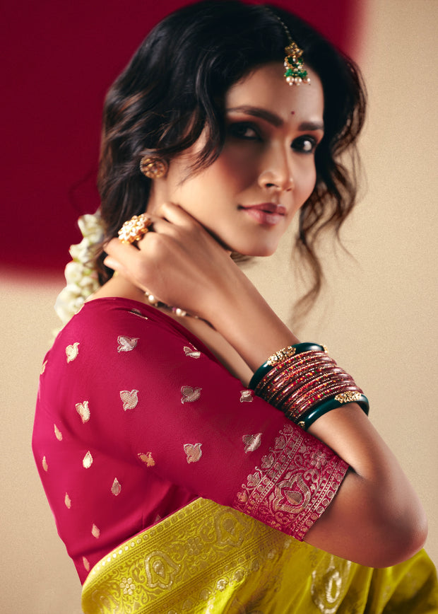 Blazing Yellow Woven Banarasi Silk Saree