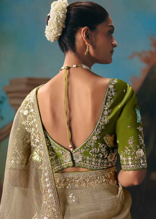 Olive Grey Embroidered Designer Saree