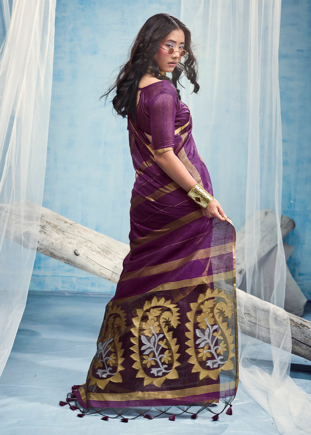 Plum Purple Woven Munga Cotton Saree