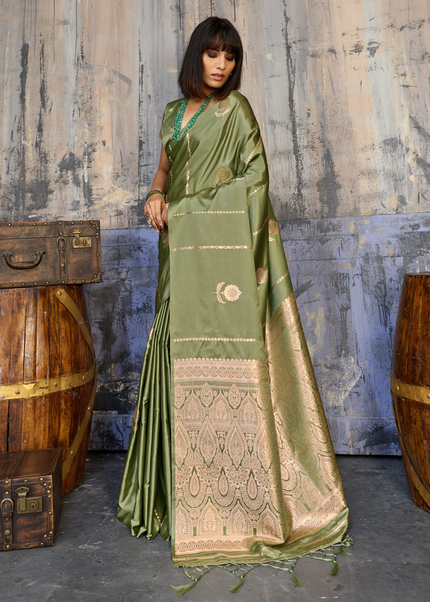 Kiwi Green Woven Banarasi Satin Silk Saree