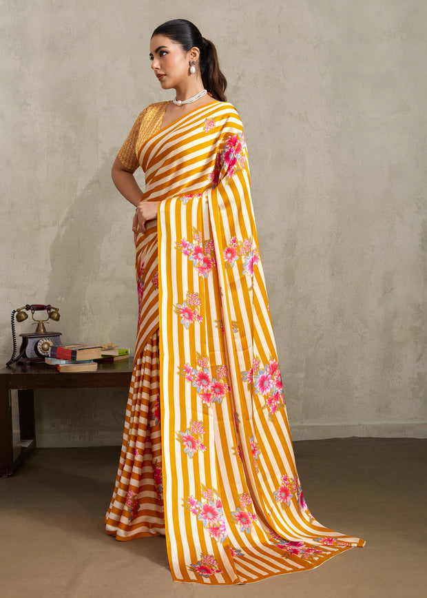 Bright Yellow Printed Satin Silk Saree