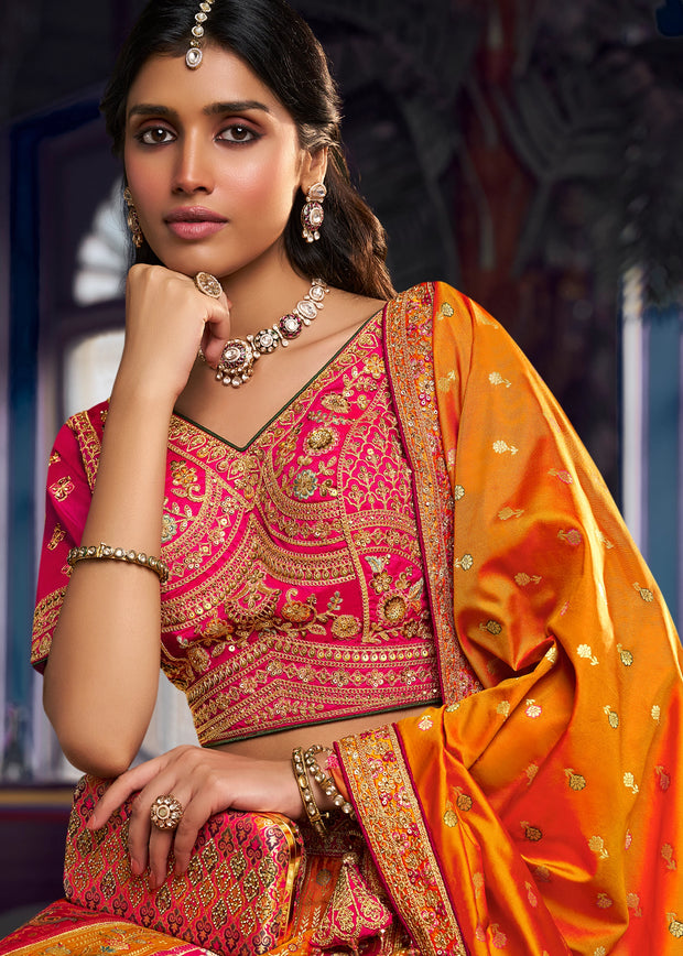 Orange And Pink Heavy Banarasi Designer Lehenga