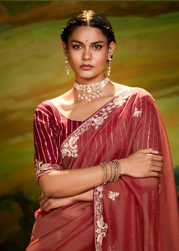 Earthy Red Heavy Embroidered Designer Silk Saree With contrast Blouse