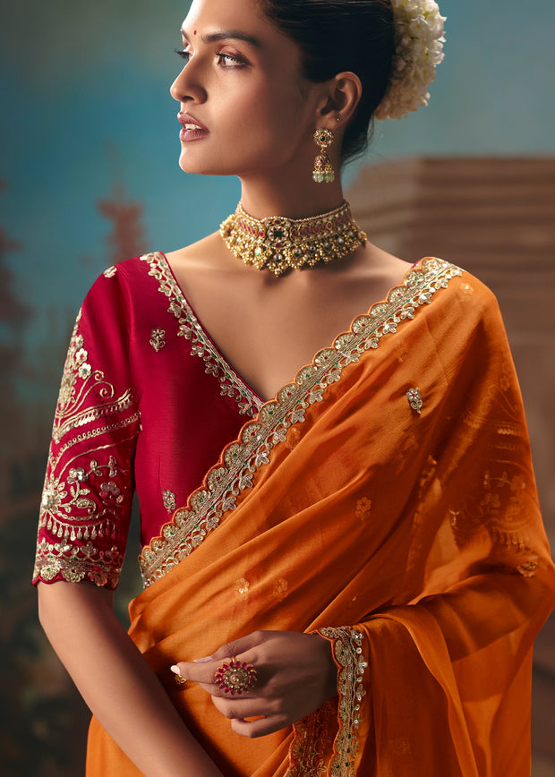 Peel Orange Embroidered Designer Saree