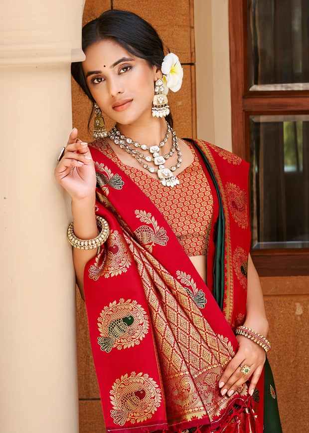 Green & Red Woven Banarasi SIlk Saree