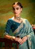 Storm Blue Heavy Embroidered Designer Silk Saree With contrast Blouse