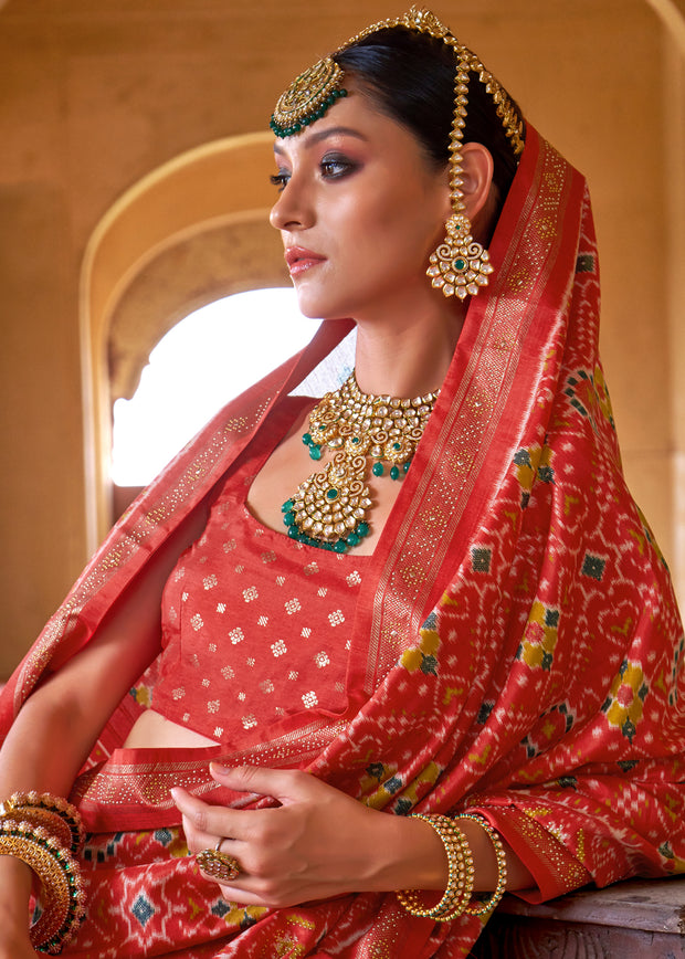 Fiery Red Printed Patola Silk Saree