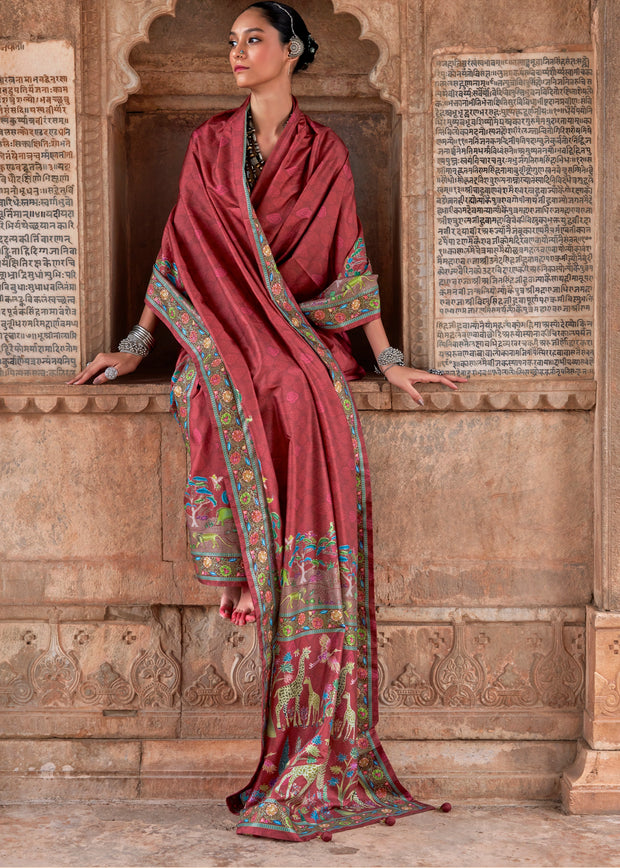 Auburn Brown Printed Silk Saree