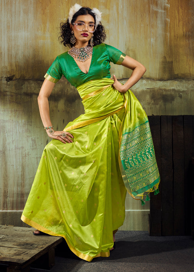 Lime Green Banarasi Tusser Silk Saree