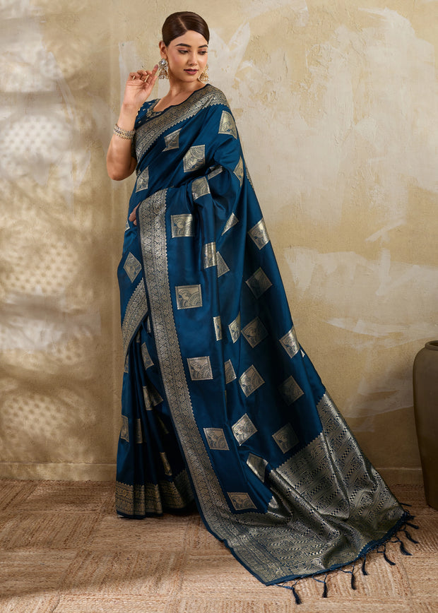 Coral Blue Woven Banarasi Silk Saree