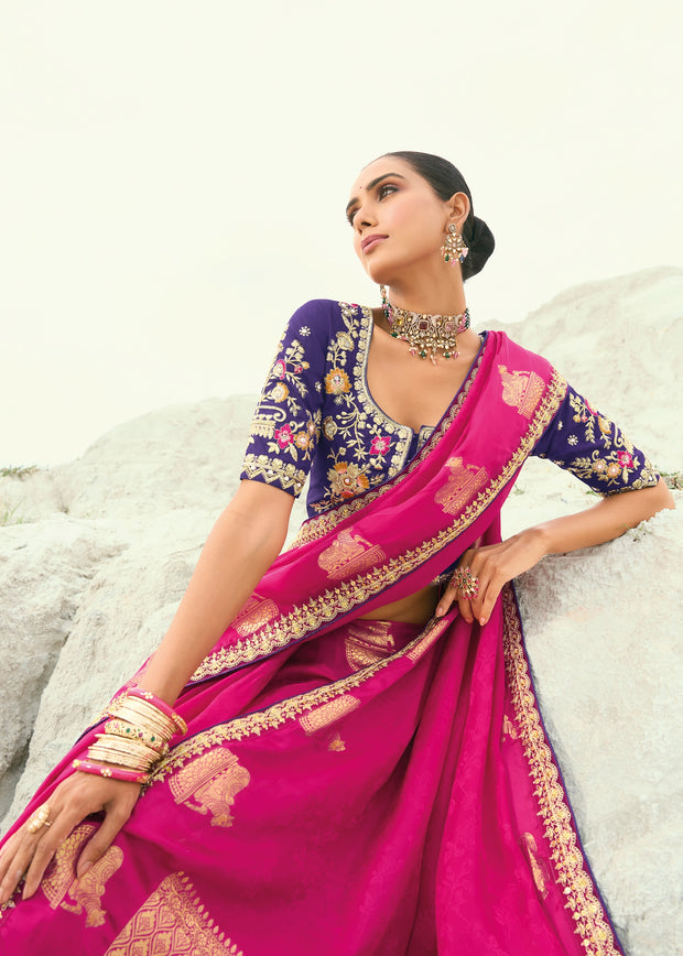 Rani Pink Woven Banarasi Embroidered Organza Satin Silk Saree
