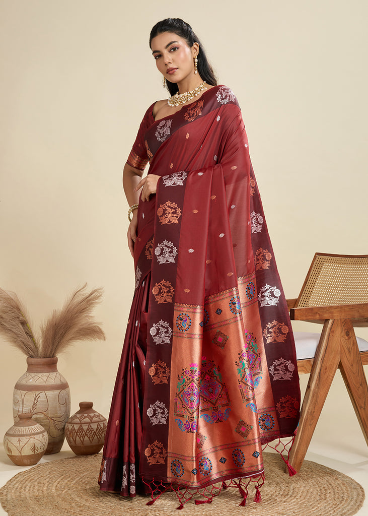 Deep Maroon Woven Bronze Zari Paithani Silk Saree