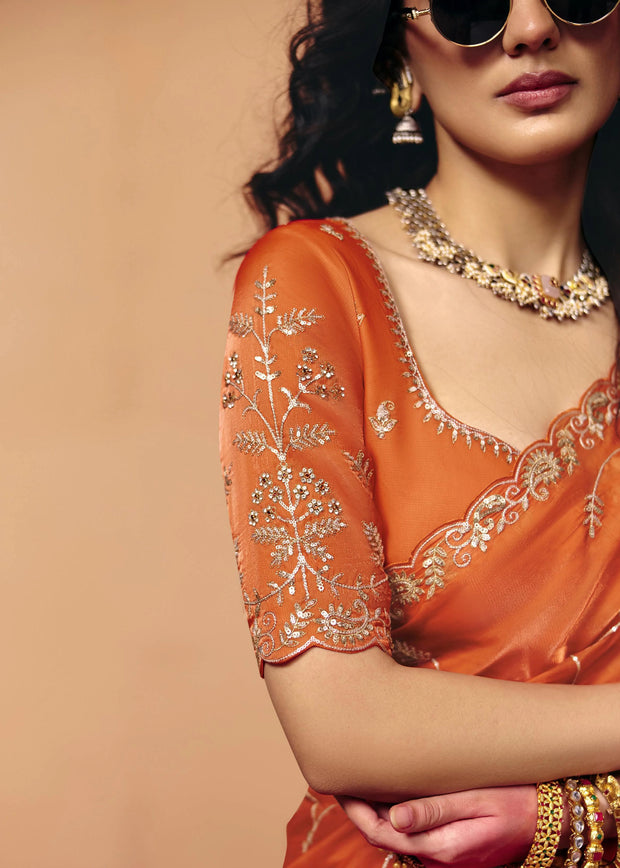 Burnt Orange Embroidered Designer Tissue Saree