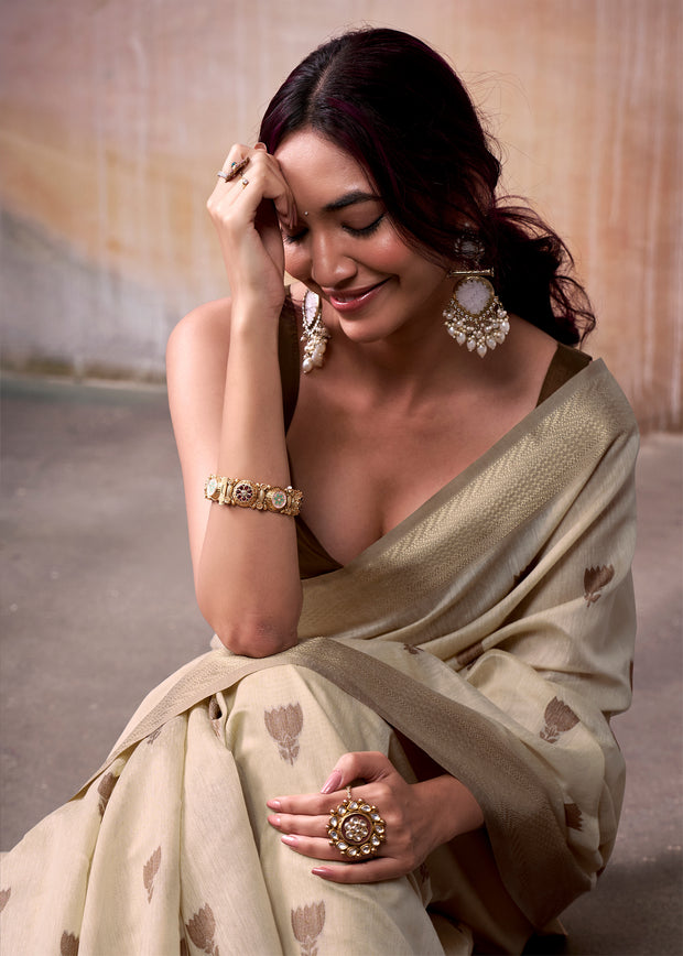Beige Woven Banarasi Cotton Silk Saree