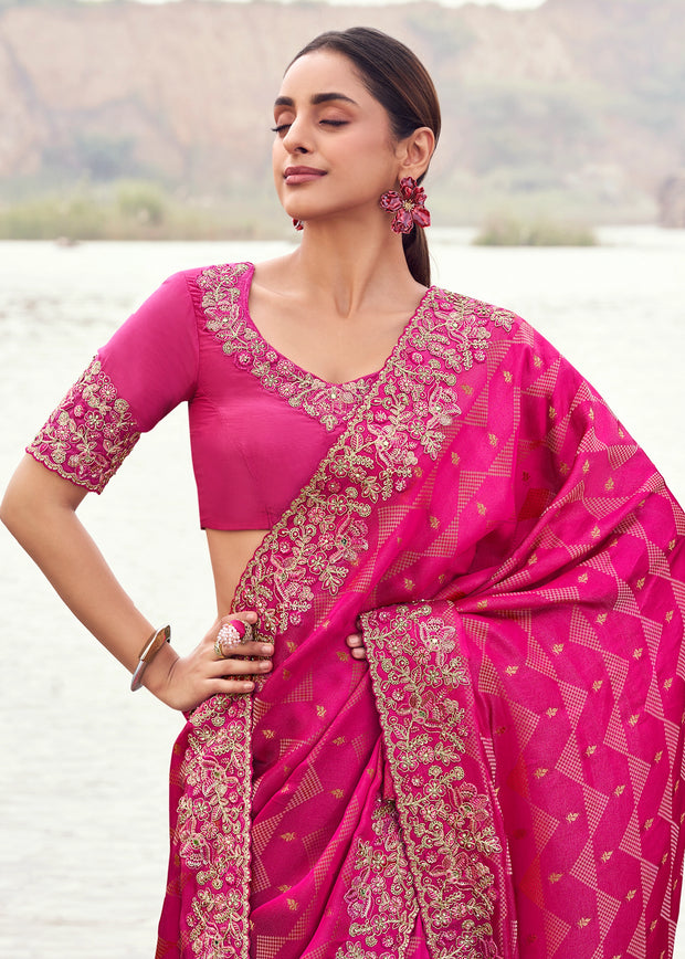 Rani Pink Woven Embroidered Satin Silk Saree