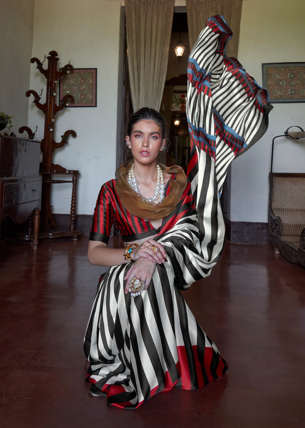 Black White Bold Stripe Printed Satin Crepe Saree