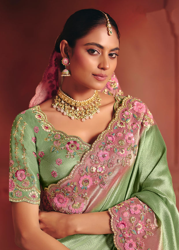 Irish Green Designer Embroidered Saree