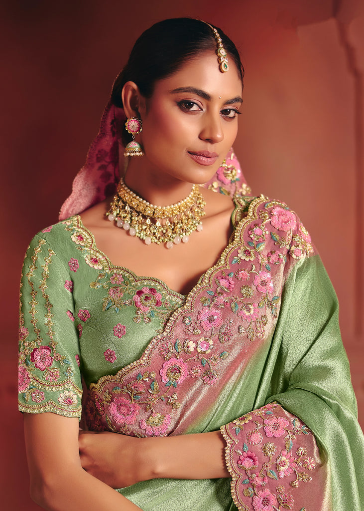 Irish Green Designer Embroidered Saree